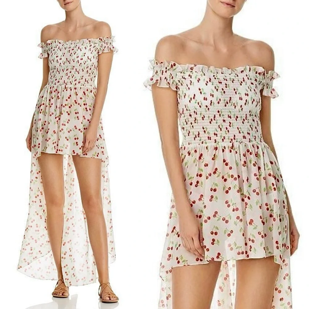NWT CAROLINE CONSTAS Y2K Cherry Print Smocked Off Shoulder Swim Coverup Dress XS